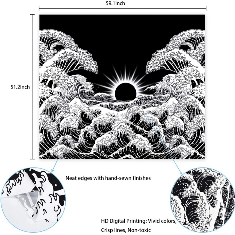 Black & White Moon and Waves Tapestry - Picture 6 of 7
